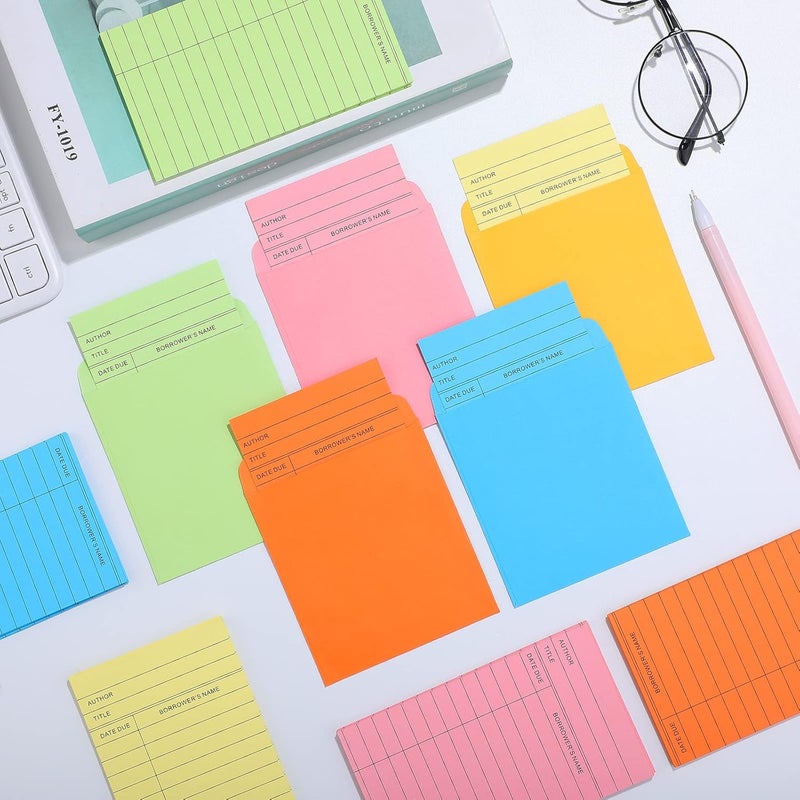 Eaasty 200 Pcs Library Pocket Envelopes and Books Cards Include 100 Self Adhesive Pocket Envelopes and 100 Check out Cards Library Supplies(Colorful Envelop, Colorful Card) - Image 3